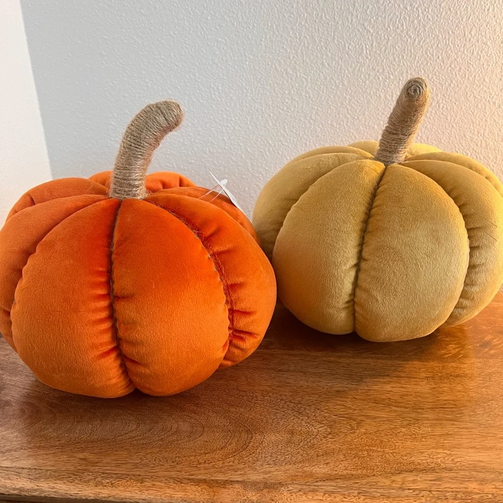 Rust Yellow set Velvet Pumpkin Pillow Fall Decoration, Faux Jute Stem